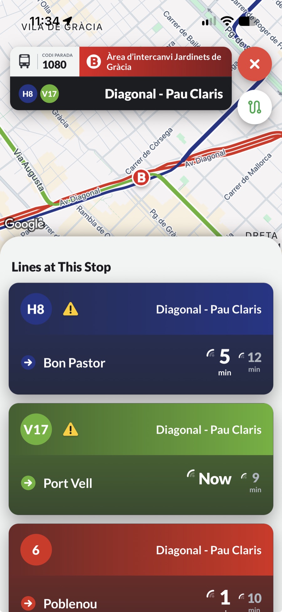Ves stop screen for Diagonal – Pau Claris with H8, V17 and 6 line cards
