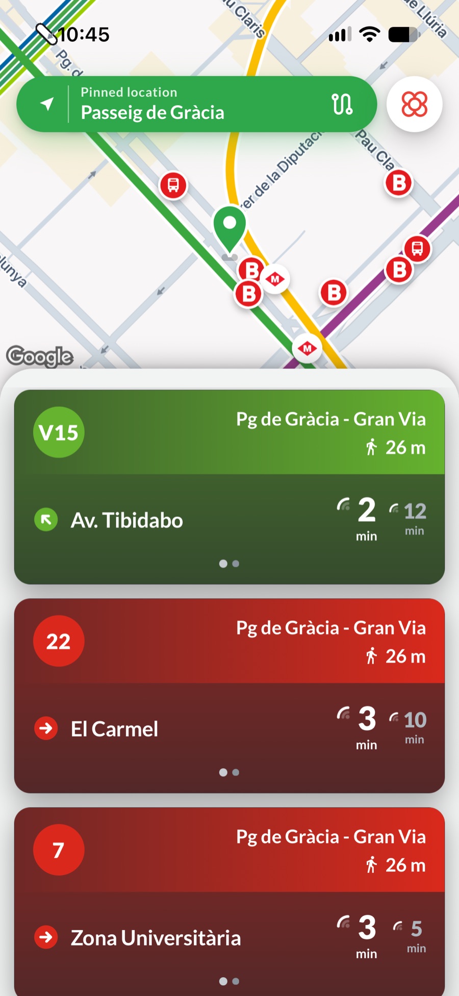 Ves nearby screen showing a map of Passeig de Gràcia and live departures