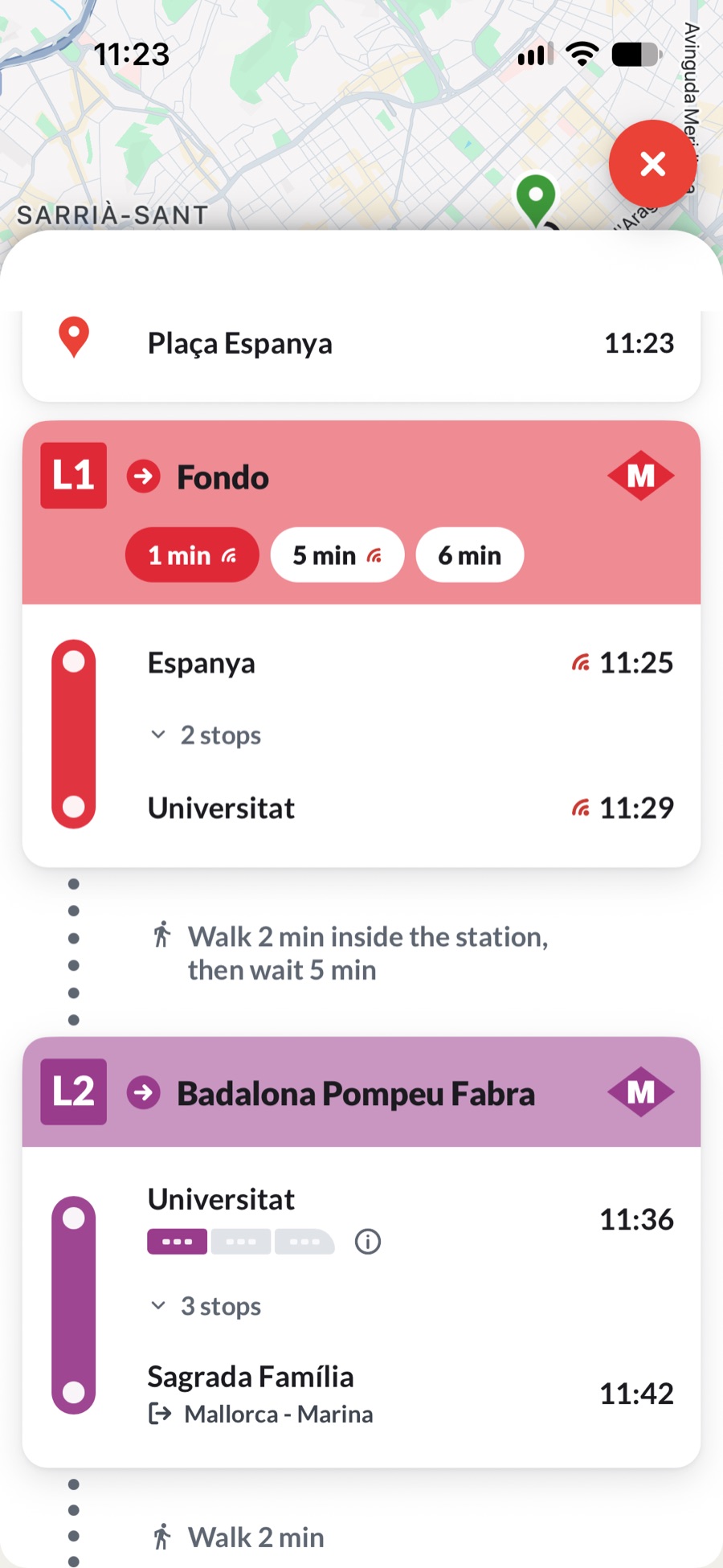 Ves journey screen from Plaça Espanya with L1 and L2 legs
