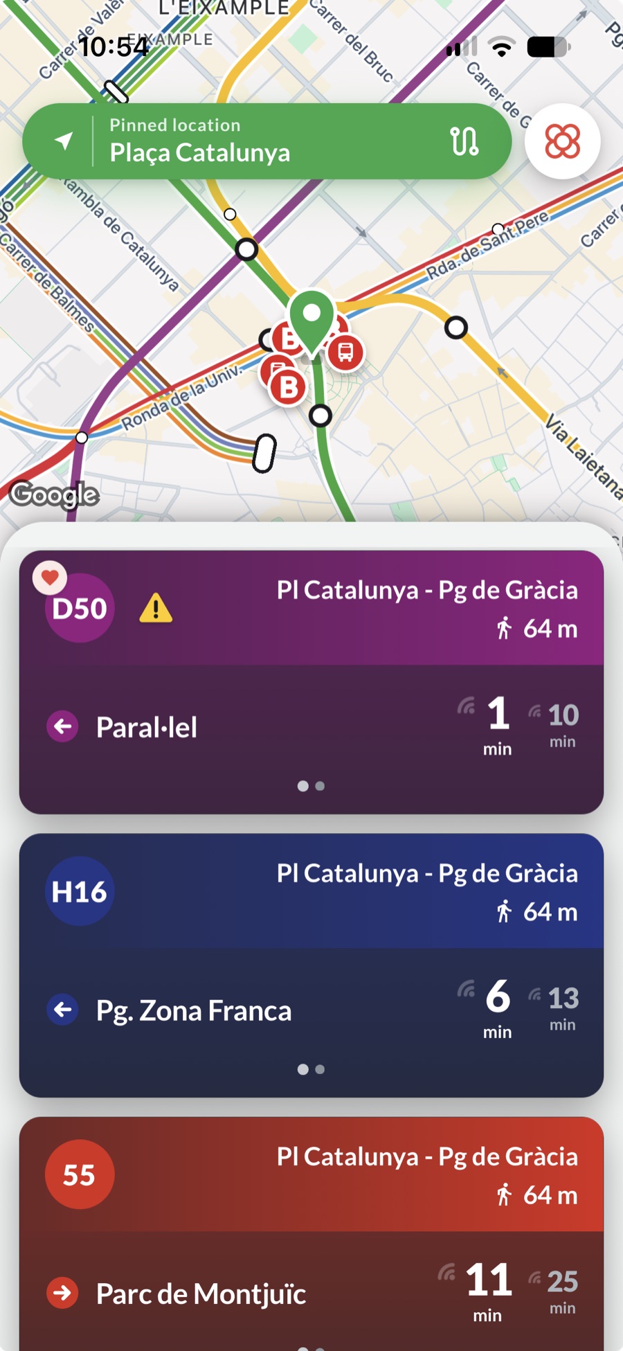 Ves nearby screen showing a map of Plaça Catalunya and live departures
