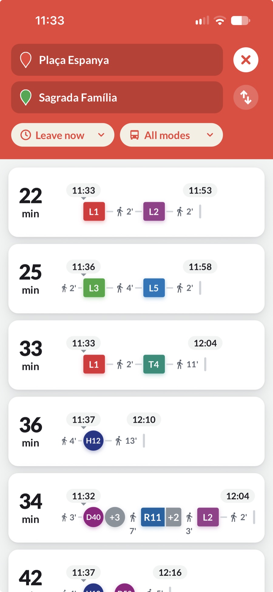 Ves route options from Plaça Espanya to Sagrada Família